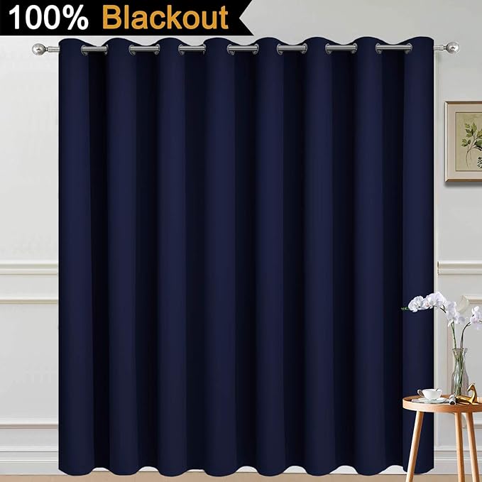 Yakamok 100% Blackout Thermal Insulated Grommet Curtains, Noise Reducing Barrier Panel for Sliding Glass Door, 2 Thick Layers Heat Light Blocking Patio Door Drapery, Navy Blue, W100 x L96, 1 Panel