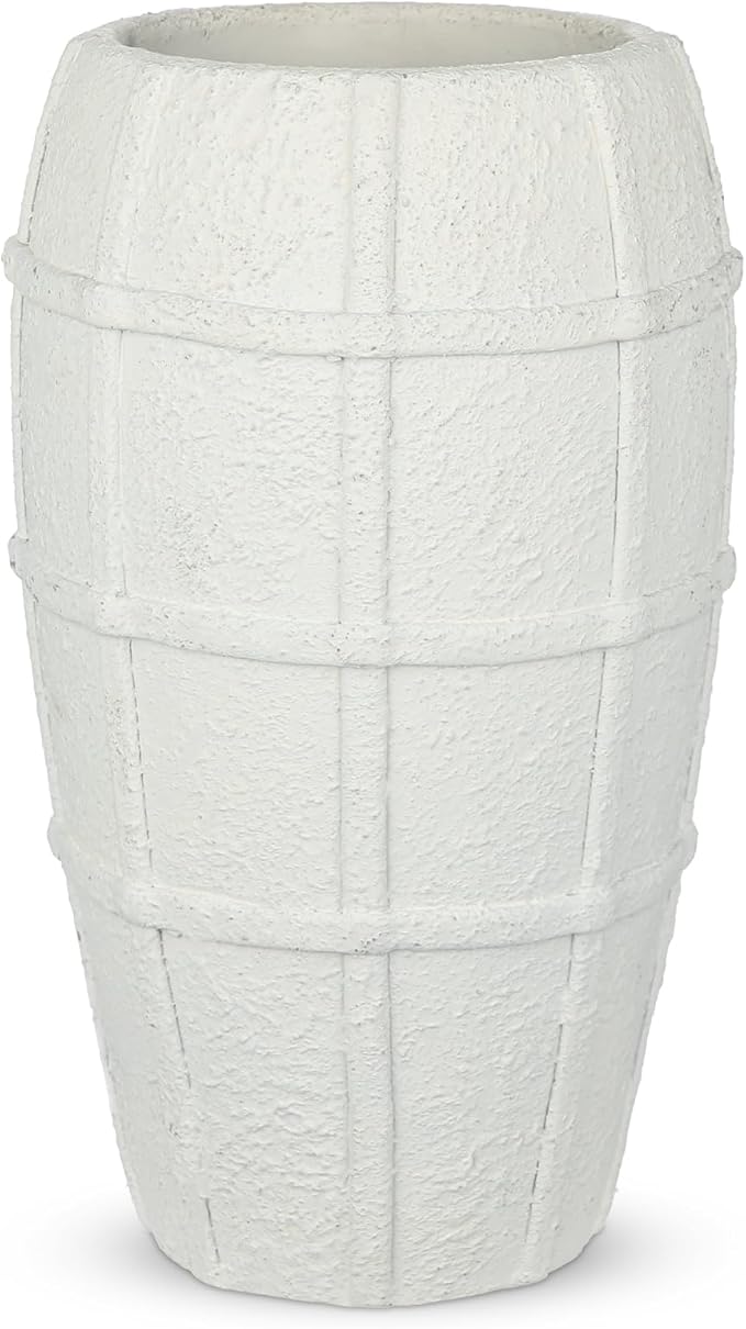 Briful Rustic Terracotta Flower Vase for Home Decor 12" White Farmhouse Textured Barrel-Style Ceramic Vase Vintage Handcrafted Gridded Design for Faux & Dried Flowers Living Room Table Centerpiece