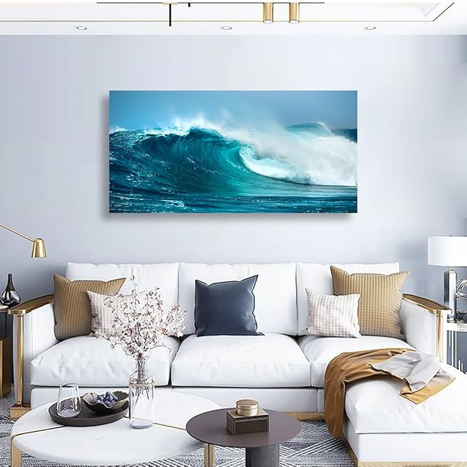 Sea Waves Wall Art for Living Room Bedroom Office Paintings Large Blue Beach Wall Art Pictures Artwork Nature Ocean Canvas Wall Art Prints Framed Room Wall Decor 20 * 40inch