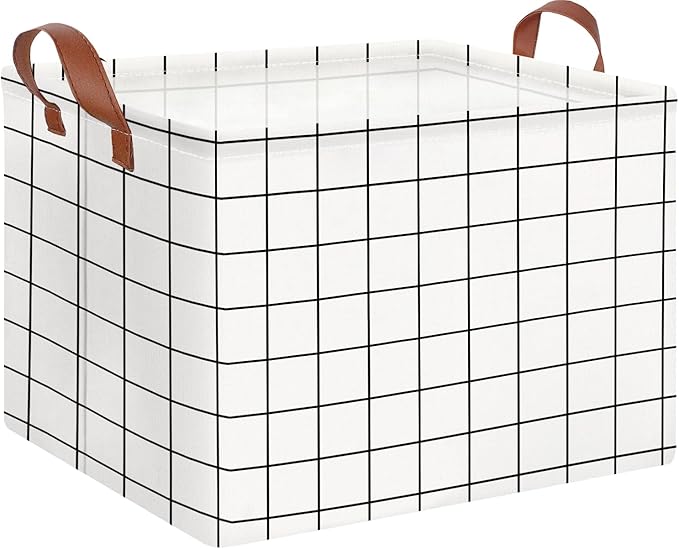 CLOCOR Rectangular Storage Basket,Collapsible Cute Pattern Storage Bin,Waterproof Coating Storage Box with Handles,Gift Baskets,Shelf Basket (white checks)