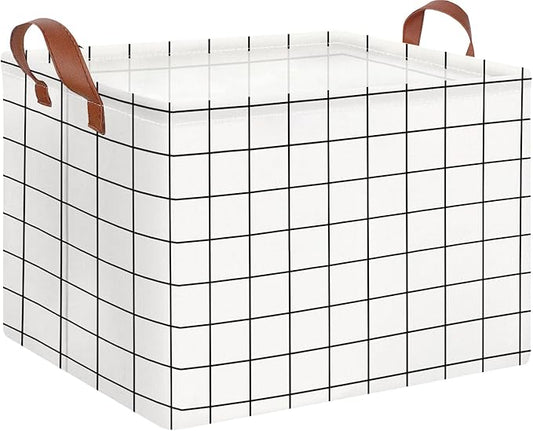 CLOCOR Rectangular Storage Basket,Collapsible Cute Pattern Storage Bin,Waterproof Coating Storage Box with Handles,Gift Baskets,Shelf Basket (white checks)