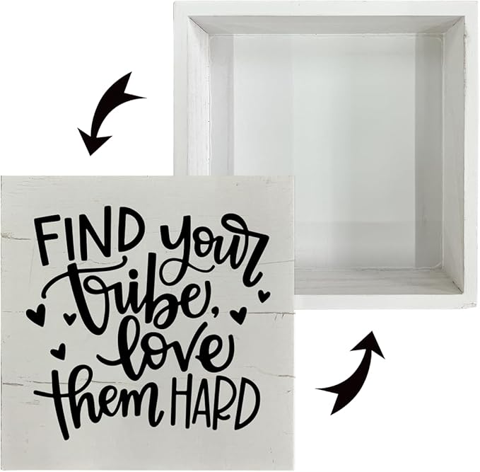 Find Your Tribe Love Them Hard Sign, Rustic Wood Sign, Modern Farmhouse Home Decor, Box Sign Tabletop Decor, Family Room Decor, Friendship Sign, Friend Gift, BFF Gift, White Wooden Box Sign
