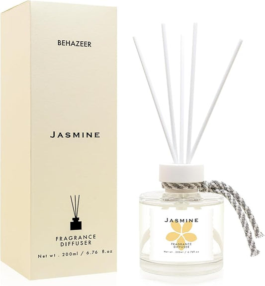 Jasmine Reed Diffuser Set, 6.77OZ(200ML) Large Capacity Natural Non-Toxic Oil, Reed Diffusers Set for Home