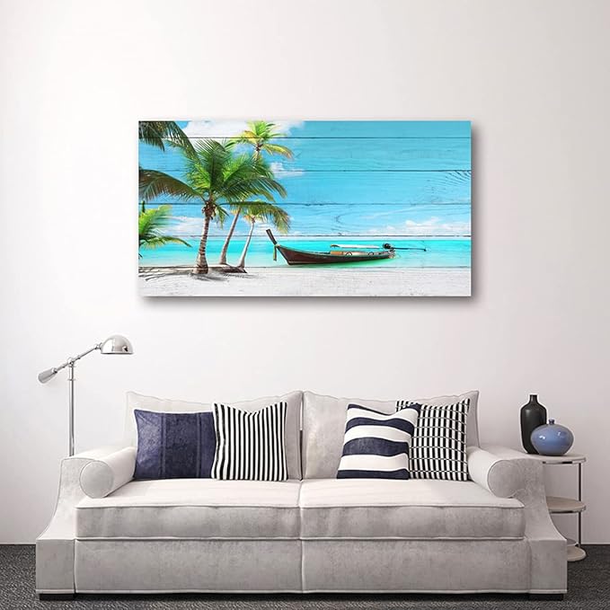 Beach Picture Canvas Prints Coconut Tree Ocean Wall Art Home Decor Natural Seascape Paintings for Living Room Bathroom Bedroom Office Kitchen Decorations Wooden Framed Landscape Artwork 20x40inchs