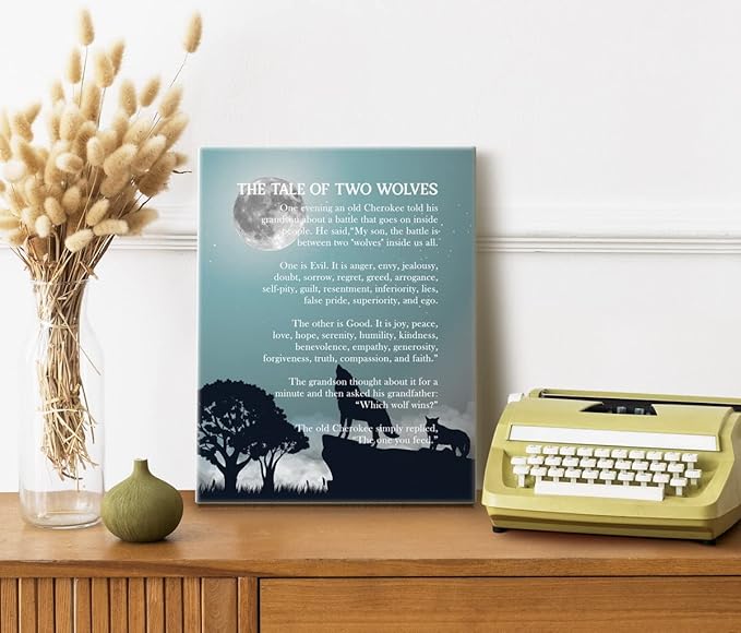 Wolf Poster, The Tale of Two Wolves, Canvas Wall Art Inspirational Quote Decor, Wolf Décor, Wolf Gifts, Canvas Prints Poster Wall Art (Blue)