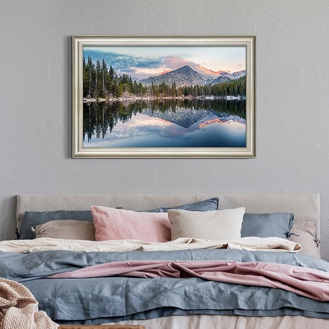 Framed Lake Canvas Wall Art: Mountain Range Skyline Scenery Painting Nature Landscape Artwork for Living Room