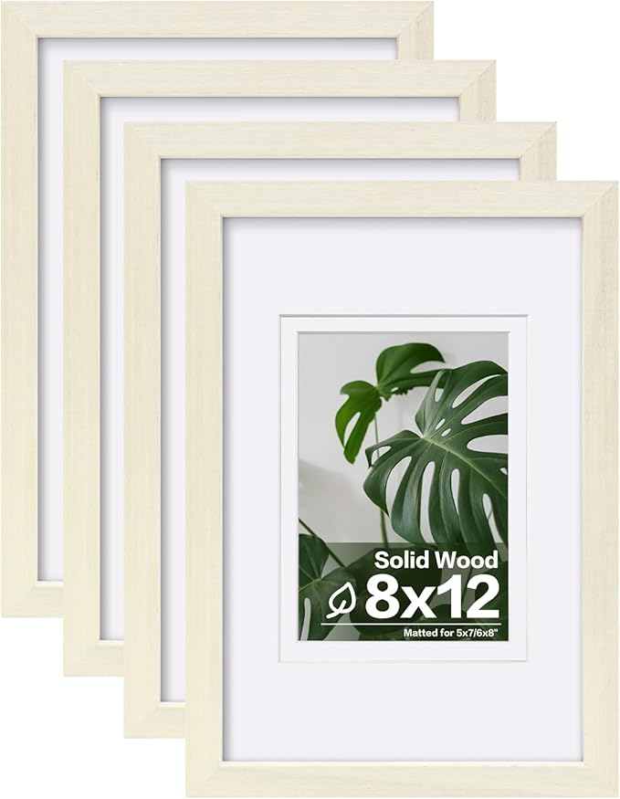 Egofine 8x12 Picture Frames Set of 4, Made of Solid Wood Covered by Plexiglass 5x7 and 6x8 with Mat or 8x12 without Mat, for Table Top Display and Wall Mounting Photo Frame Beige