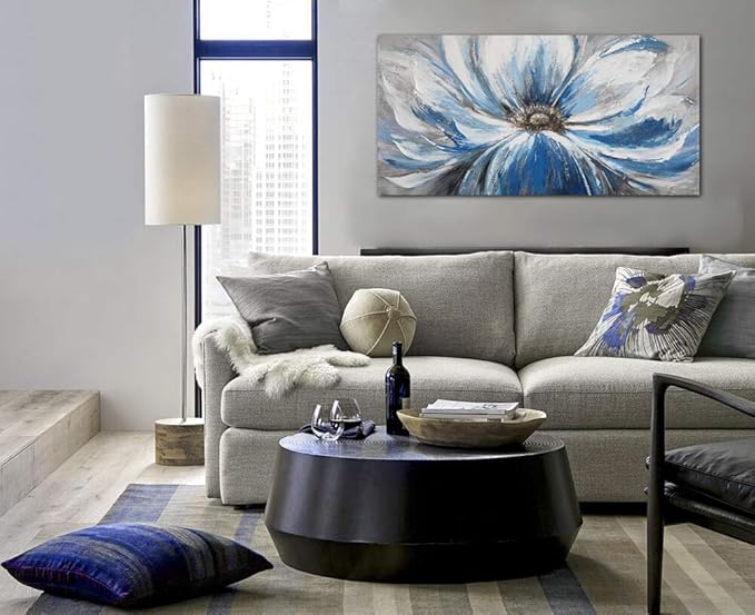 Flower Canvas Wall Art for Living Room Large White Blue Flower Picture Giclee Print Painting Wall Decor Framed Artwork Ready to Hang for Home Bedroom Wall Decoration Size 24x48