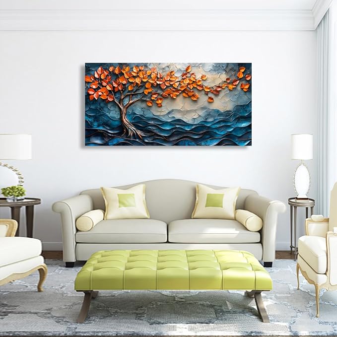 Tree of Life Canvas Wall Art Bedroom Wall Decor Living Room,Abstract Wall Art Office Kitchen Paintings Artwork Modern Blue Wave Leaf Pictures Art Prints Waterproof Ready to Hang-20x40inch