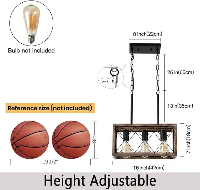 Farmhouse Light Fixtures,3-Light Dining Room Light Fixture,Industrial Metal Kitchen Pendant Lighting Over Island, Chandelier for Dining Table Kitchen Sink, Wood Grain Finish.