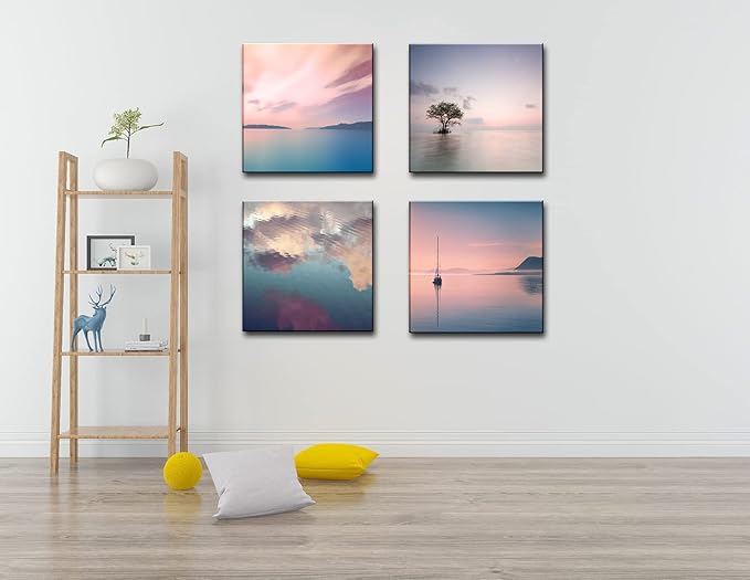 dgbtcart Romantic Sunset Beach Canvas Wall Art - Ocean Pictures Prints Colorful Seascape Painting Artwork for Bedroon Living Room, Bathroom - Office Kitchen Wall Decor 12"x 12" x 4 Panels