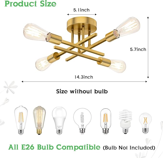 Gold Semi Flush Mount Ceiling Light Fixture, 4-Light Modern Industrial Sputnik Chandelier Light Fixture, Flush Mount Ceiling Lamp for Kitchen Bedroom Living Room Dining Room Closet, E26 Bulb Sockets