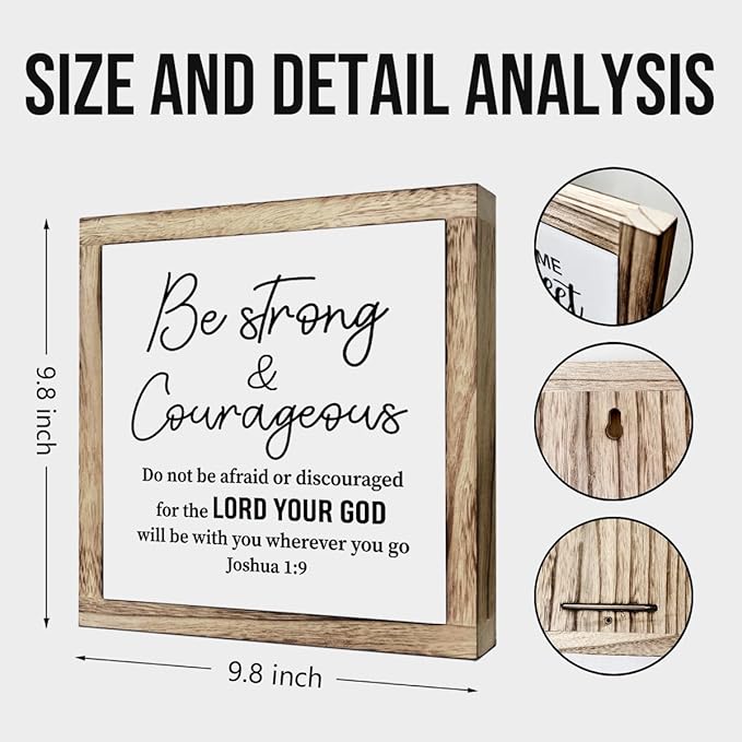Scripture Be Strong and Courageous Wooden Plaque Box Sign, Inspirational Wood Art, Christian Home Decor for Living Room, Motivational Desk Gift