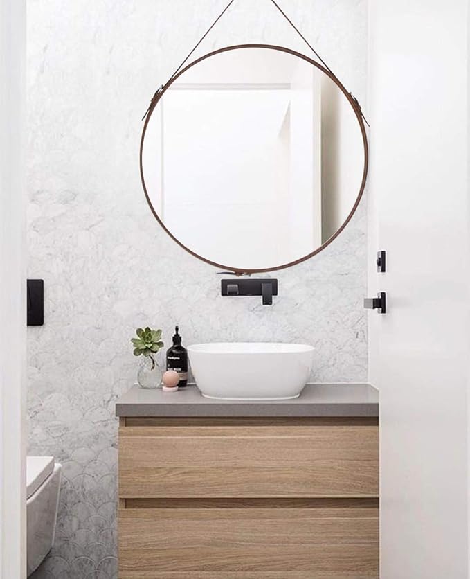 HofferRuffer Round Wall Mirror Decorative Mirror, Hanging Mirror with Hanging Strap Silver Hardware Hooker/Hanger (Brown, 23.6'')