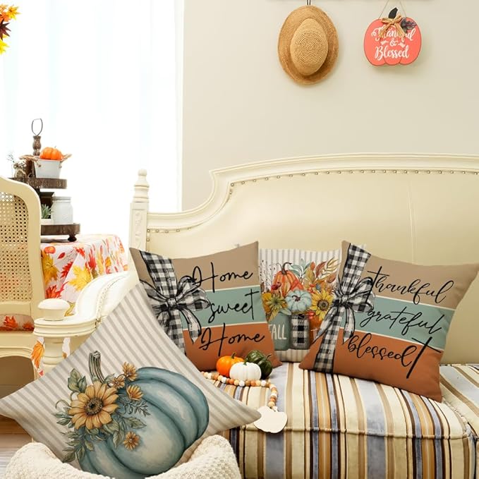 GEEORY Fall Pumpkin Sunflowers Pillow Covers 20x20 Inch Set of 4, Mason Jars Sweet Home Buffalo Plaid Bowknot Autumn Thanksgiving Decorative Throw Pillows Farmhouse Decoration for Sofa Aqua