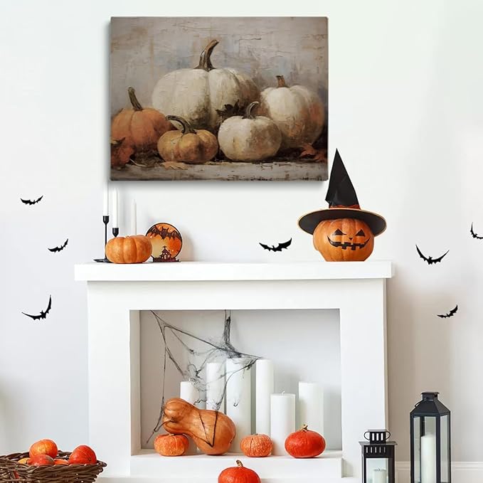 Framed Fall Wall Decor Pumpkin Still Life Canvas Paint posters Rustic Fall Art Vintage Autumn Wall Print Halloween Autumn Decor Thanksgiving 16x24 framed