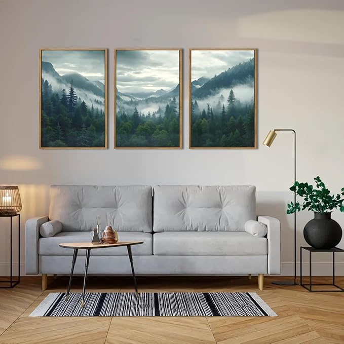 IARTTOP Large Misty Mountain Framed Wall Art 16x24 inch Green Foggy Forest Canvas Wall Decor Modern Pine Trees Nature Landscape Prints for Living Room Bedroom Set of 3