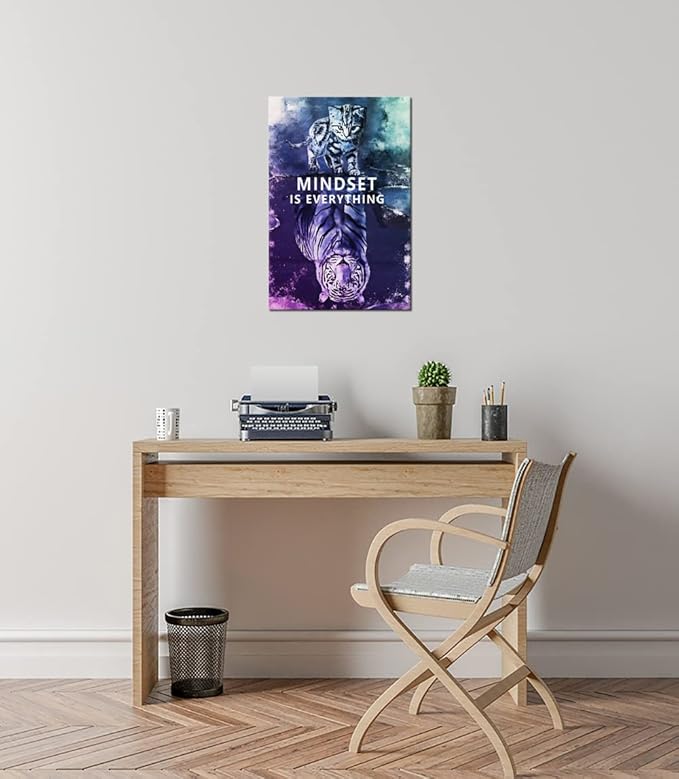 Mindset is Everything Cat and Tiger Canvas Wall Art Pictures Print Wall Art Inspirational Poster Picture Wall Painting Modern Abstract Motivational Artwork Decor Home Living Room Office[12''W X 18''H]