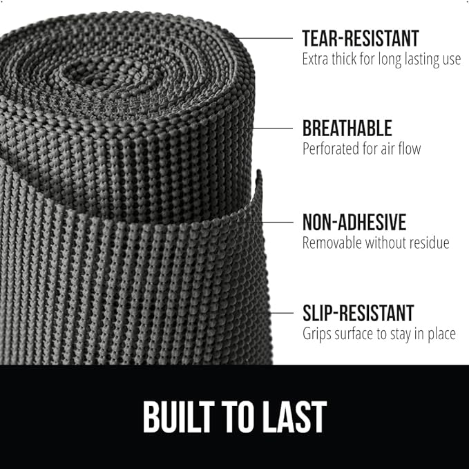 GORILLA GRIP powerGRIP Drawer Shelf and Cabinet Liner, Thick Strong Hold, Non-Adhesive Liners Protect Kitchen Cabinets and Cupboard, Bathroom Drawers, Easy Install, Breathable Mat, 20" x30', Charcoal