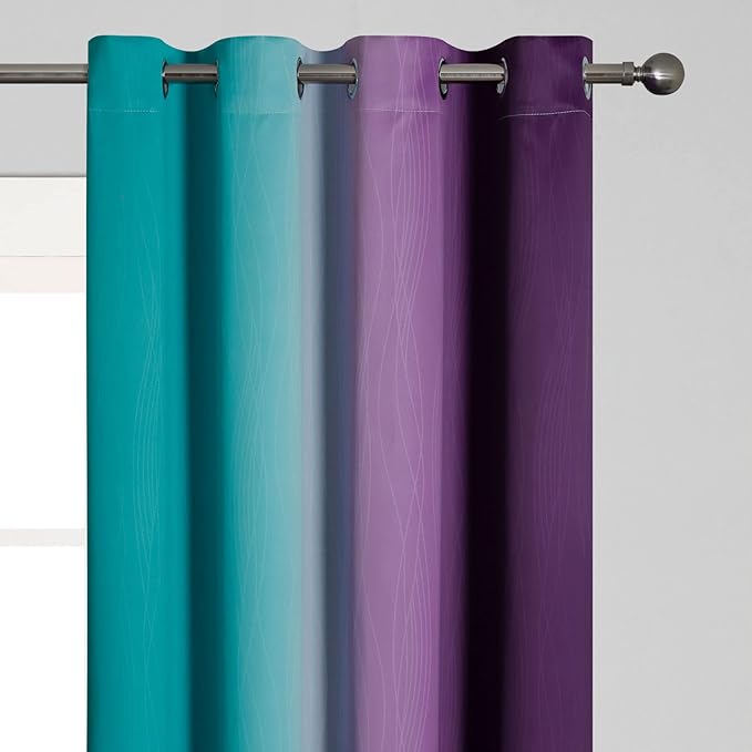 Teal Blackout Curtains 84 Inches Long, Ombre Purple Blackout Curtains for Bedroom, Grommet Thermal Insulated Gradient Drapes, Full Light Blocking Curtains for Kids Room,52x84 Inch, 2 Panels