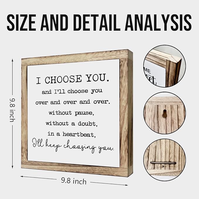 Romantic Marriage Quote Wooden Sign, Home Table Decor, Plaque for Valentines Day, Wedding Anniversary Decor Art, I Choose You I'll Keeping Choosing Sign, Wooden Plaques Box Signs, 9.8 * 9.8 Inch