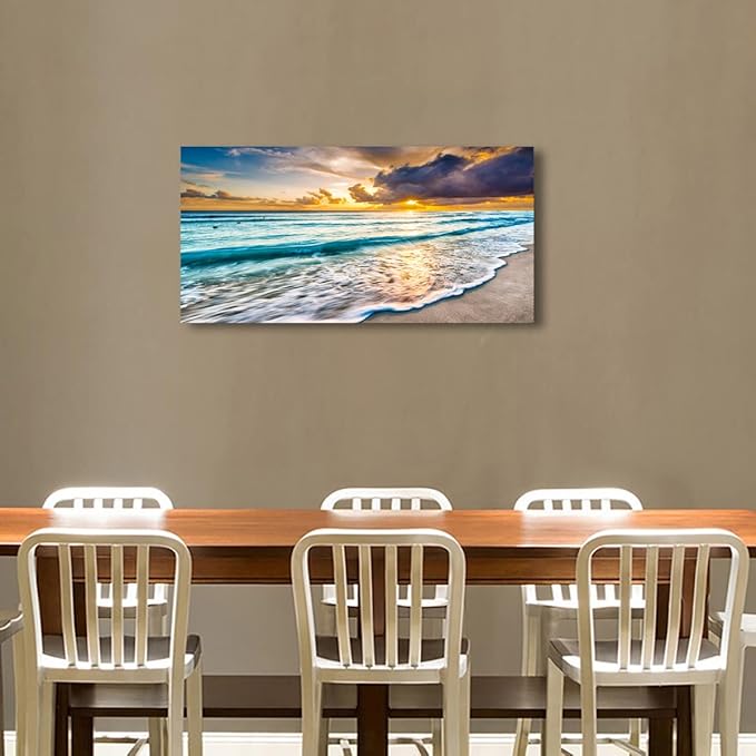 Beach Canvas Wall Art Seascape Theme Pictures Home Decor Blue Ocean White Wave Sunset Prints Paintings for Living Room Bathroom Bedroom Kitchen Office Decorations Natural Landscape Artwork 24x48inches