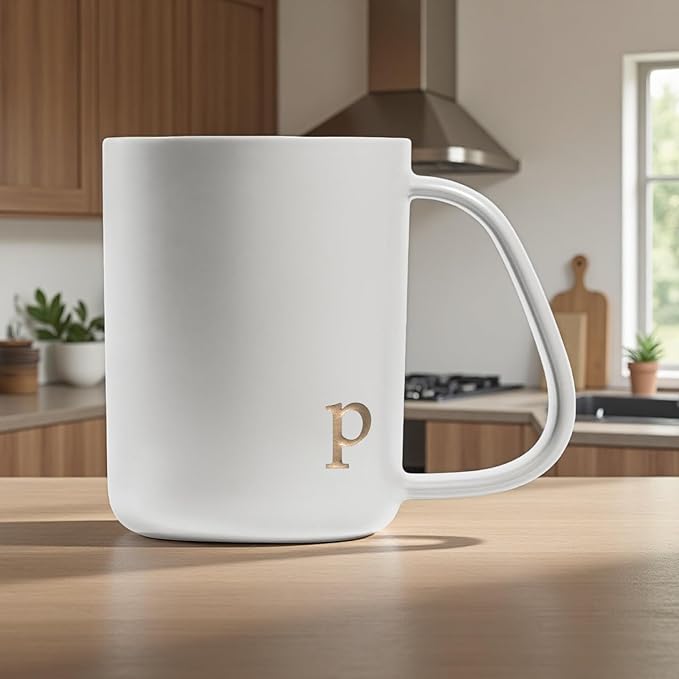 COLLECTIVE HOME - Ergonomic Handle Ceramic Mug, 15 oz Personalized Coffee Cup with Golden Initial, Microwave & Dishwasher Safe, Elegant Monogram Tea Mug in Gift Box for Home & Office (White-p)