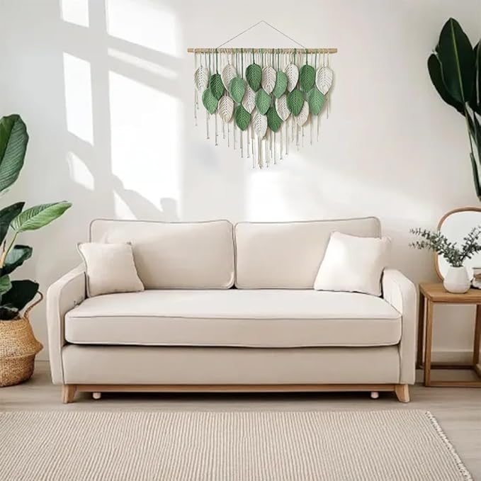 VEKALON Macrame Wall Art Tapestry - Large Boho Chic Woven Wall Hanging Decor for Bedroom, Modern Bohemian Leaf-Shaped Decorations for Office, Living Room, Bathroom(Sage Green)