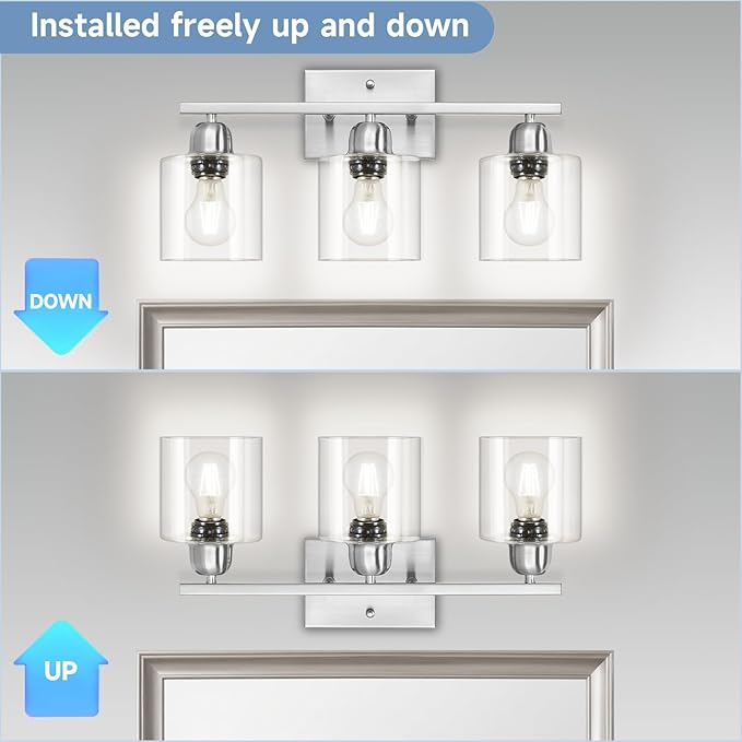 Brushed Nickel Bathroom Light Fixture, 3 Light Vanity Lights for Bathroom, Bath Lights with Clear Glass, E26 Socket