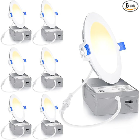 Ensenior 6 Pack 4 Inch LED Recessed Light, Dimmable, 2700K-5000K 5CCT, 750LM High Brightness, 9W 120V, Damp Rated, Ultra-Thin Canless Wafer Ceiling Light - ETL & FCC & IC