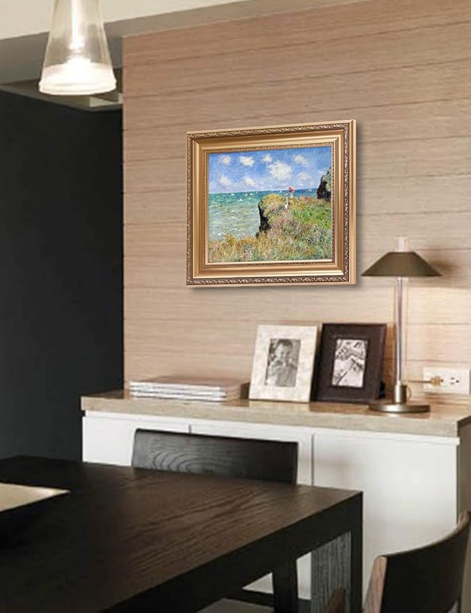 DECORARTS - The Cliff Walk At Pourville by Claude Monet. Classic Art Reproduction, Giclee Print on Canvas. Ready to Hang Framed Wall Art for Wall Decor. Total Size w/Frame: 26x22