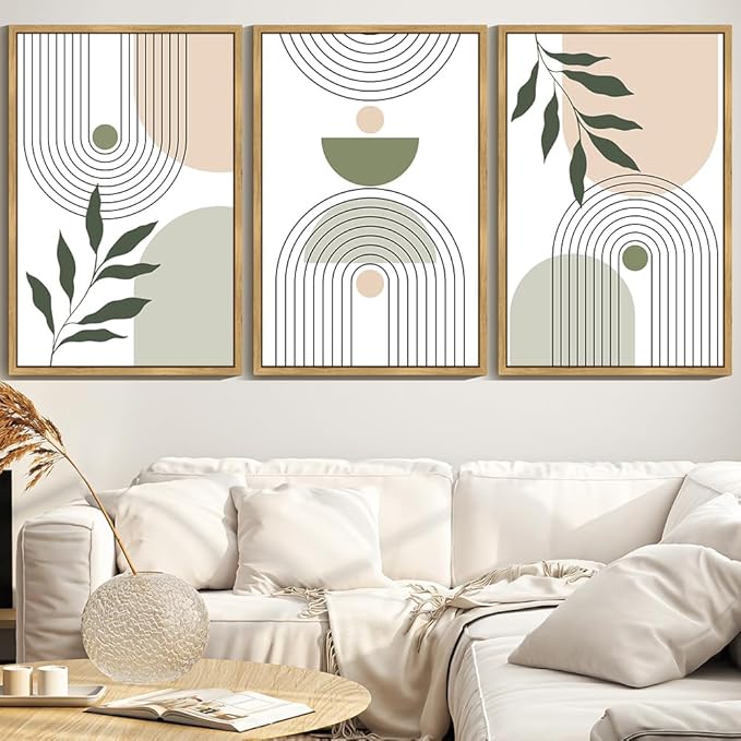 KUVIOKE Boho Green Sage Neutral Wall Art Framed Bohemain Botanical Geometric Modern Wall Prints Decor Ready to Hang 24x36in (Natural Framed)