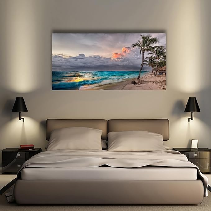 Beach Pictures Wall Art Canvas Prints Seascape Poster Bathroom Decor Blue Ocean Green Tree Painting for Living Room Bedroom Home Kitchen Decoration 28x57 Wooden Frame Natural Landscape Artwork