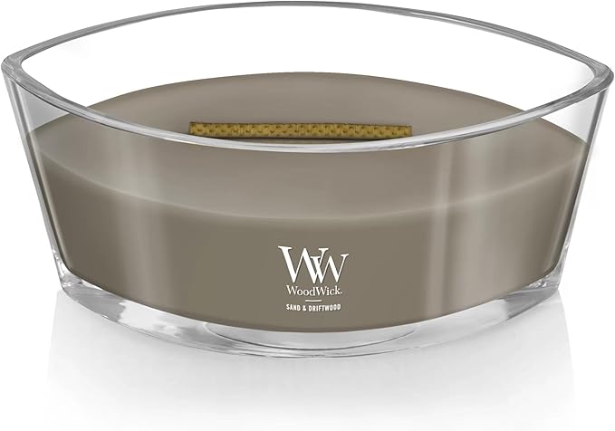 WoodWick Ellipse 16oz Candle Sand & Driftwood Scent Crackles as it Burns Premium Soy Blend Wax Up to 50 Hours Burn time Perfect for Gifting