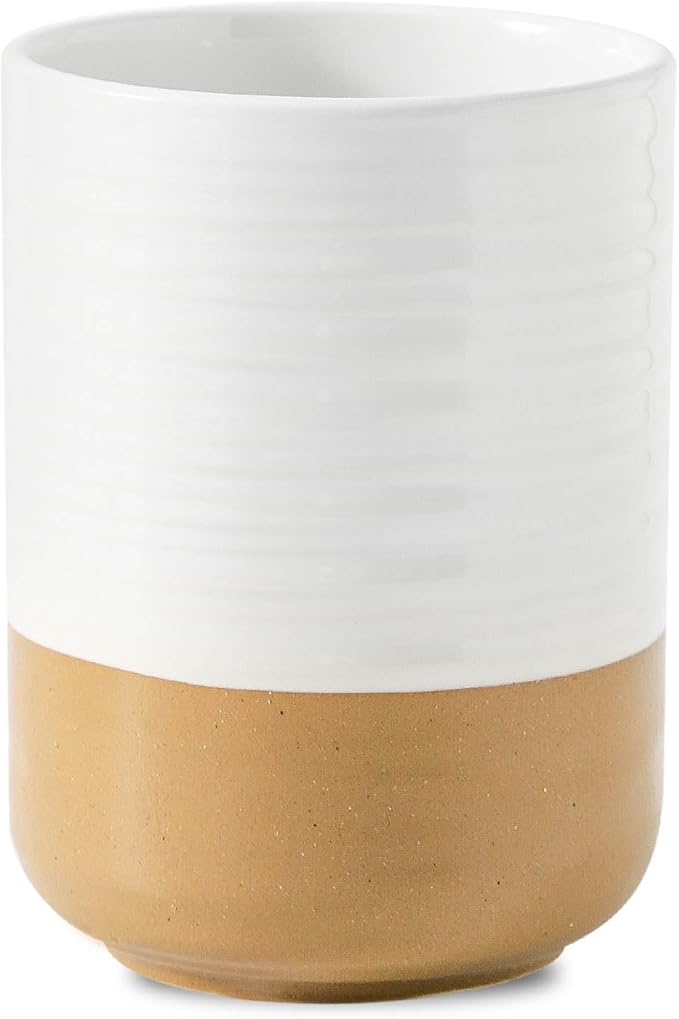 Hasense Large Utensil Holder, 7.4" Cooking Utensil Crock for Kitchen Counter, Ceramic Utensil Organizer Caddy for Kitchen Utensil Set, Vintage Decor for Christmas Gifts, White