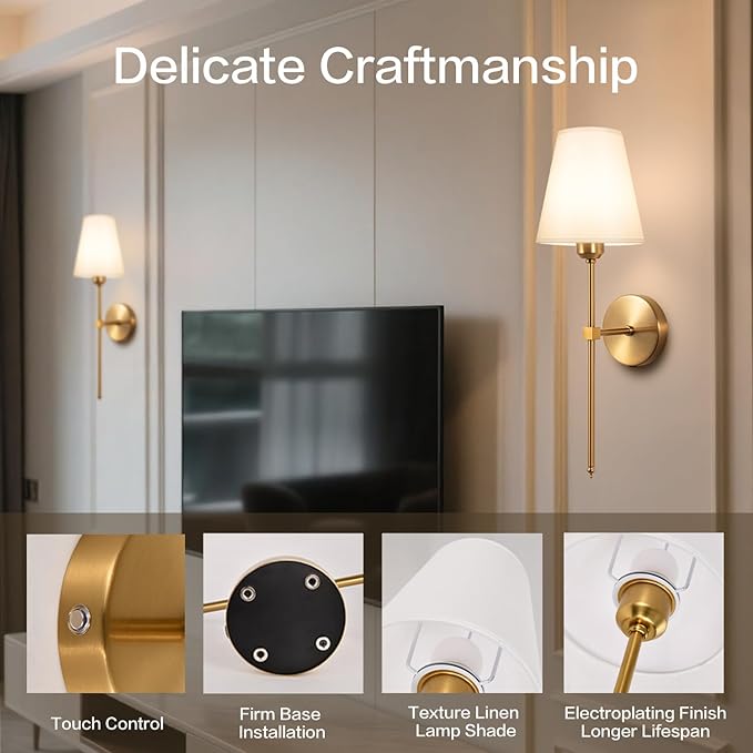 Battery Operated Wall Sconces Set of 2,LED Rechargeable Wall Lights Remote Controlled, Warm to Cool White Adjustable Brightness, Wireless Sconce with Linen Fabric for Bedroom Living Room Decor 6000mAh