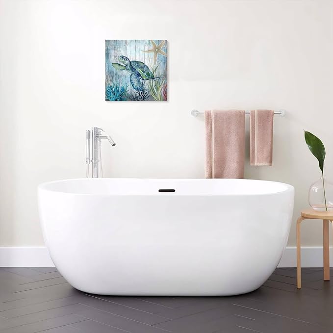 14x14 Inch Sea Turtle Bathroom Wall Decor Modern Canvas Ocean Theme Art Blue & Green Coastal Wall Pictures for Bedroom/Home/Office/Kitchen Waterproof Ultraviolet Resistant Framed Canvas