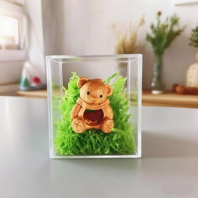 Cute Wooden Bear Figurine – Carved Hollow Love Bear Statue in Acrylic Display Box, Romantic Couples Gift for Anniversary, Valentine’s Day, Birthday, Unique Home & Office Shelf Decor