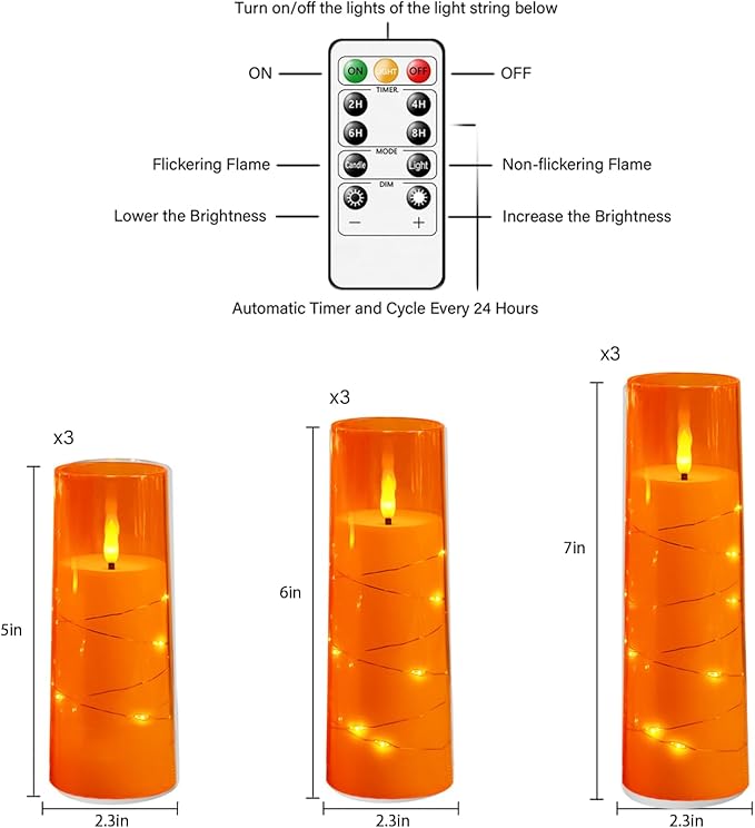 Flameless LED Candles with Timer 9 Pc Flickering Flameless Candles for Romantic Ambiance and Home Decoration Stable Acrylic Shell,with Embedded Star String，Battery Operated Candles（Orange）