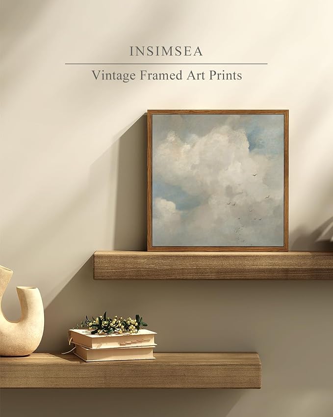 InSimSea Square Framed Canvas Wall Art, Home Decor Classical Oil Paintings Sky Cloud Bird Canvas Prints, Vintage Landscape Wall Art for Bedroom Living Room Bathroom Home Office Decor 10"x10"