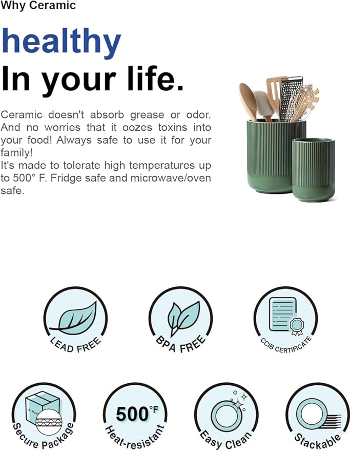 LE TAUCI Utensil Holder, 7.3"+5.4" Ceramic Kitchen Utensil Holder for Countertop, Large Cooking Utensil Crocks for Kitchen Counter, Modern Utensil Organizer for Spatula, Set of 2, Forest Green