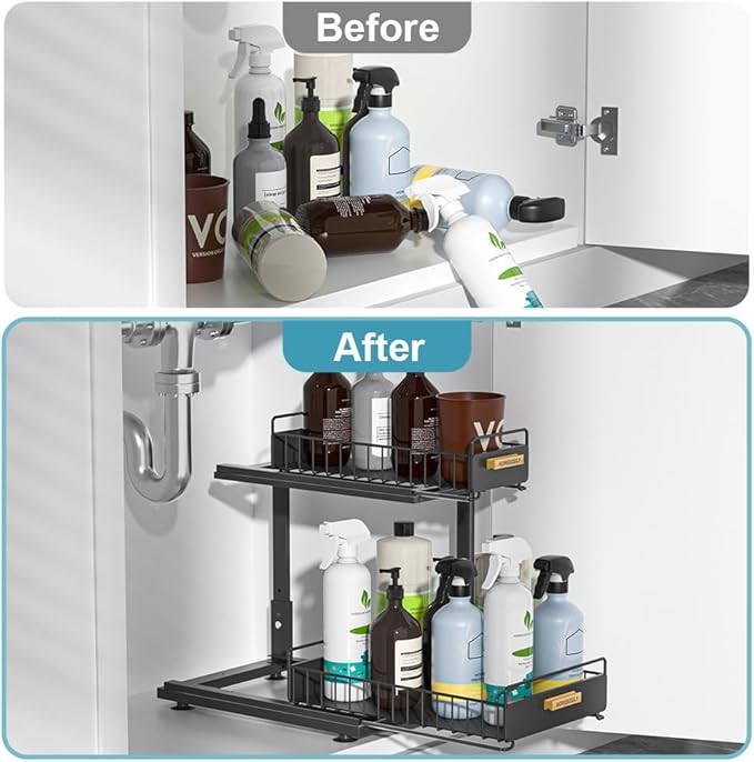 Under Sink Organizer Kitchen, 2 Tier Under Sink Organizers and Storage, Pull out Cabinet Organizer Shelf, Metal Drawer for Kitchen Bathroom Pantry Cabinet Closet Organization Rack, Black, 1 Pack