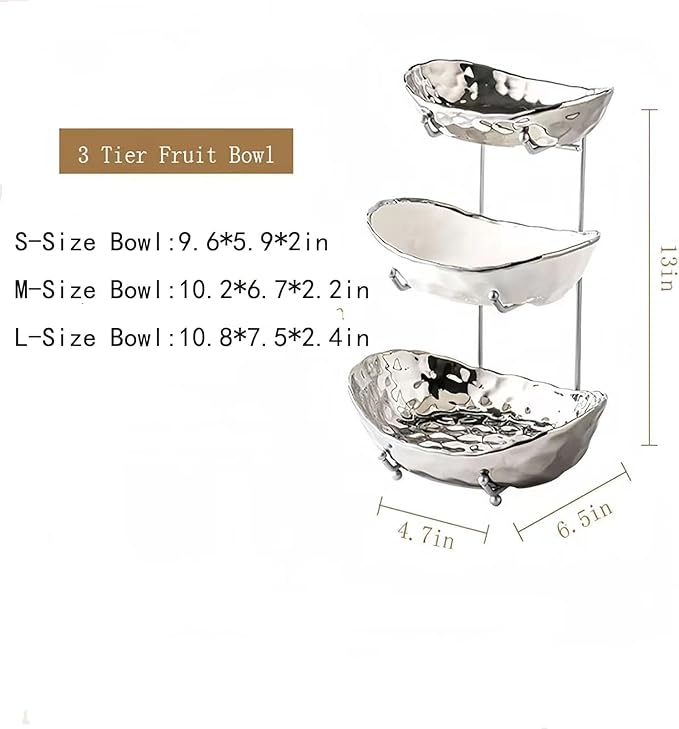 3-Tier Fruit Bowls for Kitchen Counter,Ceramic Bowl with Silver Metal Stand,3 Tier Fruit Basket for Fruit,Snack,Cake,Nuts,Dessert Storage