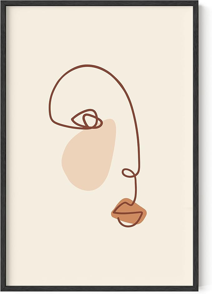 HAUS AND HUES Female Figure Wall Art Line Drawing - Single Line Drawing Wall Art, Minimalist Woman Art Print Line Art Wall Decor Silhouette Lipstick (Black Frame, 24x36)