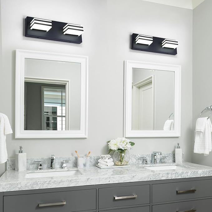 Black LED Vanity Light Fixtures 12W Bath Wall Lighs over Sink 2 Light Bathroom Mirror Lighting 14 Inch Vanity Sconces Modern Restroom Light Fixture Wall Lighting for Mirror in Bathroom Powder Room