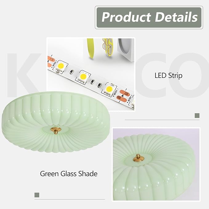 KCO Lighting Nordic Green Glass Flush Mount Ceiling Light Vintage Round Semi Flush Mount Ceiling Light Fixture Mid Century Modern Bathroom Overhead Light LED Ceiling Lights