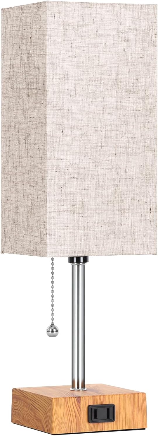 Bedside Table Lamps for Bedroom Nightstand, Bedroom Lamp with 3 Color Temperatures Nightstand Lamps Set of 2 with AC Outlets, Square Pull Chain Bedside Lamp for Living Room, Home Decor