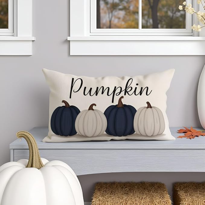 PANDICORN Fall Throw Pillow Covers 12x20 Inch, Navy Blue Pumpkin Lumbar Decorative Cushion Case, Fall Decorations for Home Decor Outdoor Farmhouse Autumn Pillowcase for Living Room Sofa Couch Porch