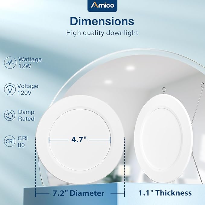 Amico 5/6 Inch 5CCT LED Recessed Lighting 12 Pack, 1050LM Flat Can Lights, Dimmable, IC Rated, 12W Eqv 110W, 2700K/3000K/4000K/5000K/6000K Selectable, Retrofit Installation- ETL Listed