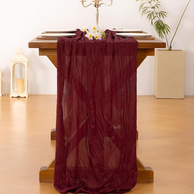 Socomi Burgundy Red Fall Thanksgiving Cheesecloth Table Runner Boho Rustic Gauze 120 inch 10FT Cheese Cloth Runner for Wedding Party Baby Shower Birthday Home Decor Holiday Decorations